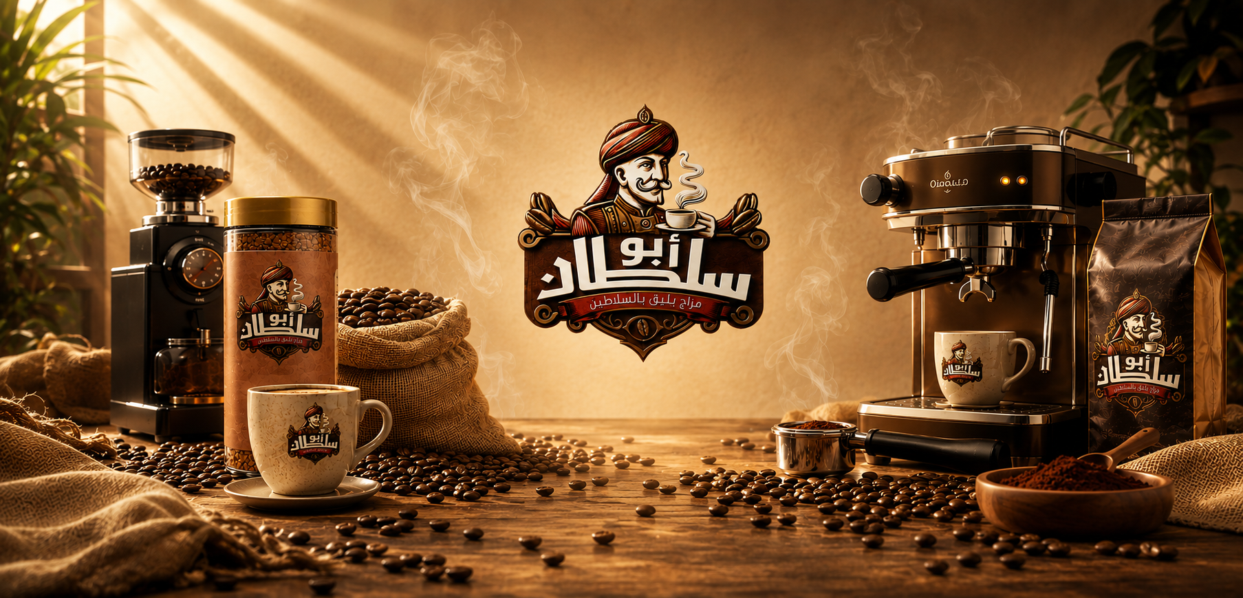 A warm, atmospheric coffee setup with multiple branded coffee-related items: a coffee grinder, a canister, a burlap sack of coffee beans, a coffee cup on a saucer, a coffee machine, bags of coffee, and a bowl of ground coffee on a wooden table, all under dramatic golden lighting. قهوة أبو سلطان - مزاج يليق بالسلاطين 